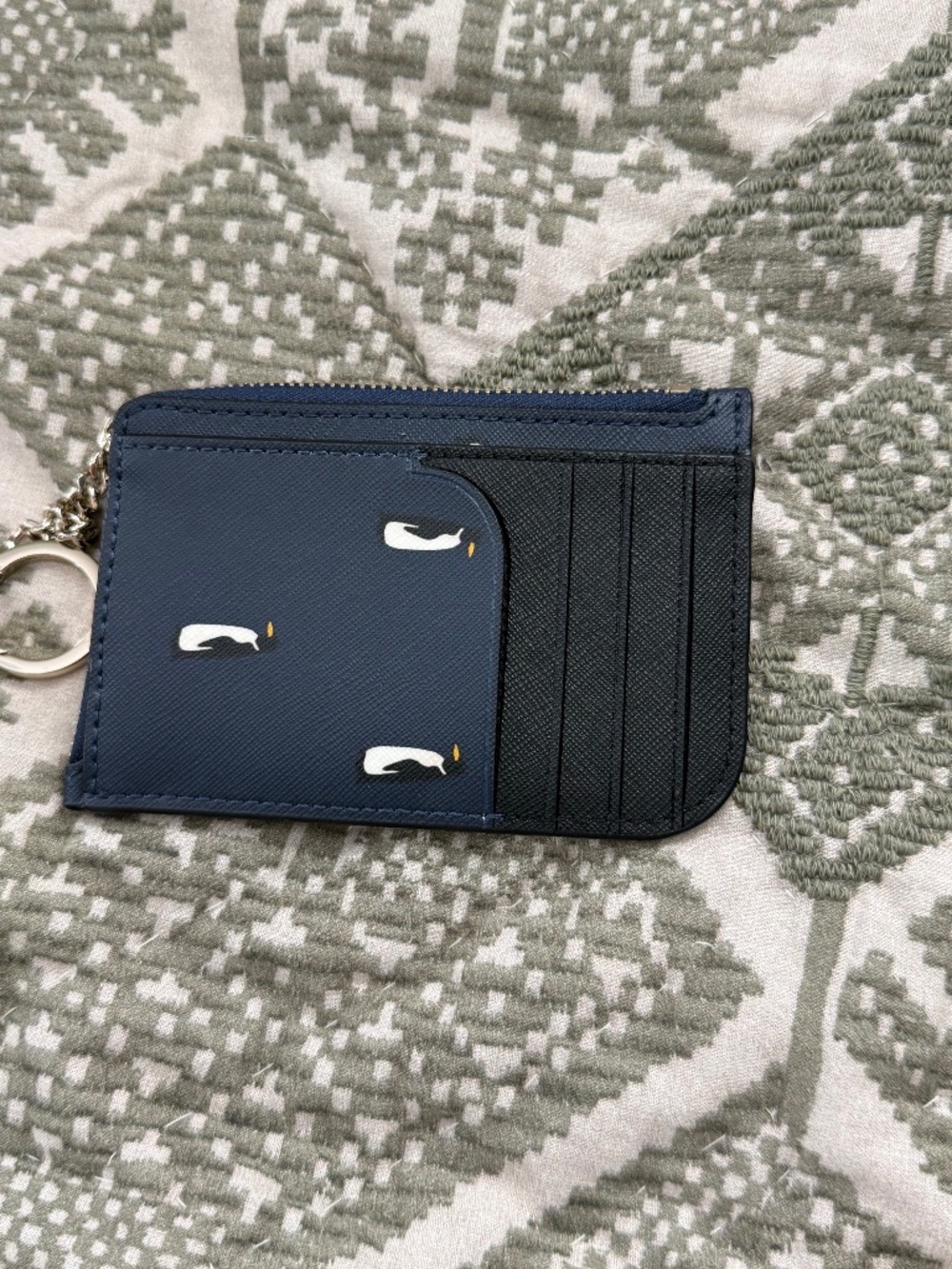 Kate Spade Navy Penguin Print Zip Card Holder Keychain Wallet
